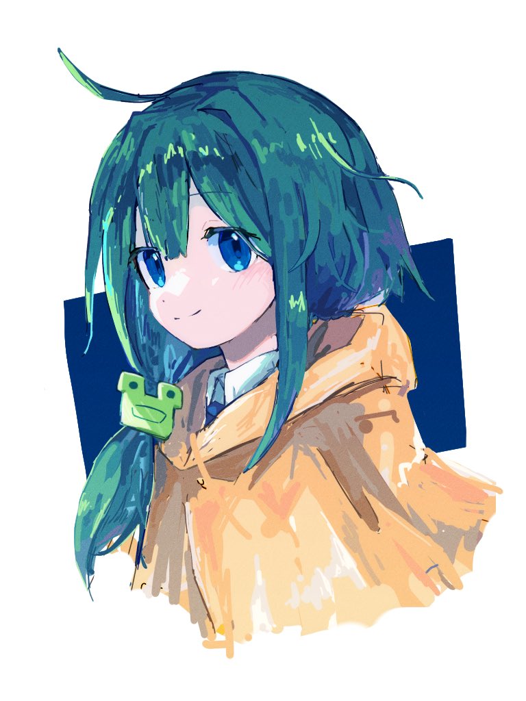 1girl, ahoge, amaka_eru, aqua_hair, blue_eyes, closed_mouth, double-parted_bangs, frog_hair_ornament, hair_between_eyes, hair_ornament, hair_over_shoulder, long_hair, low_ponytail, mizuna_(327), rain_poncho, smile, solo, split_mouth, upper_body, utau