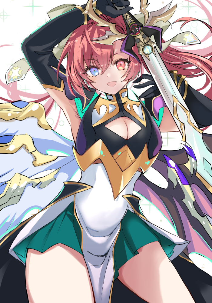 1girl, armpits, asymmetrical_wings, atoshi, blue_eyes, bow, breasts, cleavage_cutout, clothing_cutout, demon_wings, feathered_wings, hair_bow, hair_intakes, hair_ornament, heterochromia, holding, holding_sword, holding_weapon, long_hair, looking_at_viewer, medium_breasts, mismatched_wings, monster_strike, multiple_wings, open_mouth, pink_hair, ponytail, red_eyes, side_ponytail, smile, solo, solomon_(monster_strike), sword, weapon, wings