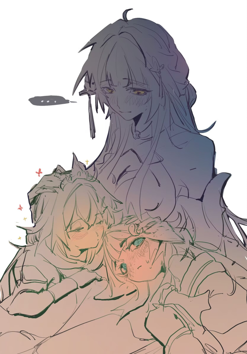 ..., 3girls, armlet, armpit_crease, bare_shoulders, blunt_bangs, blush, chinese_clothes