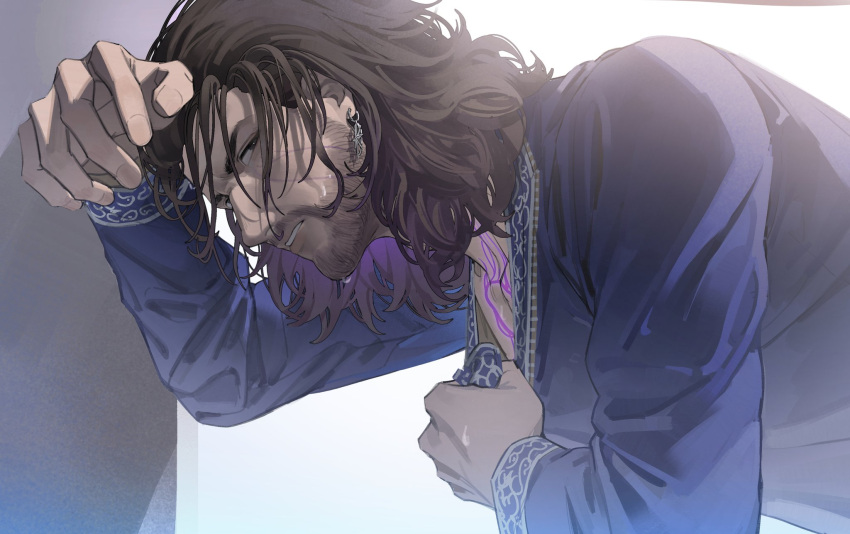 1boy, arm_support, arm_up, baldur's_gate, baldur's_gate_3, beard, blue_shirt, brown_eyes