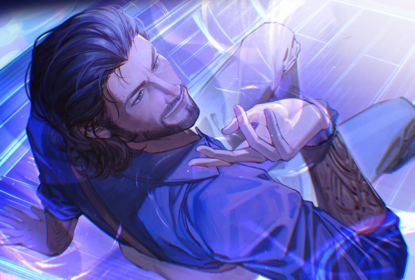 1boy, arm_support, arm_up, baldur's_gate, baldur's_gate_3, beard, bracer, brown_eyes