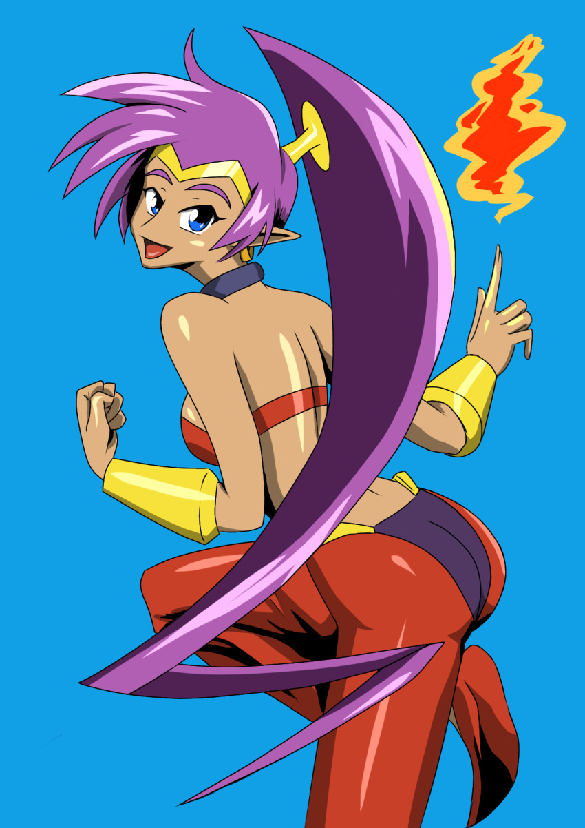 1girl, ass, blue_eyes, blues_jagat, facing_viewer, from_behind, hair_ornament, highres