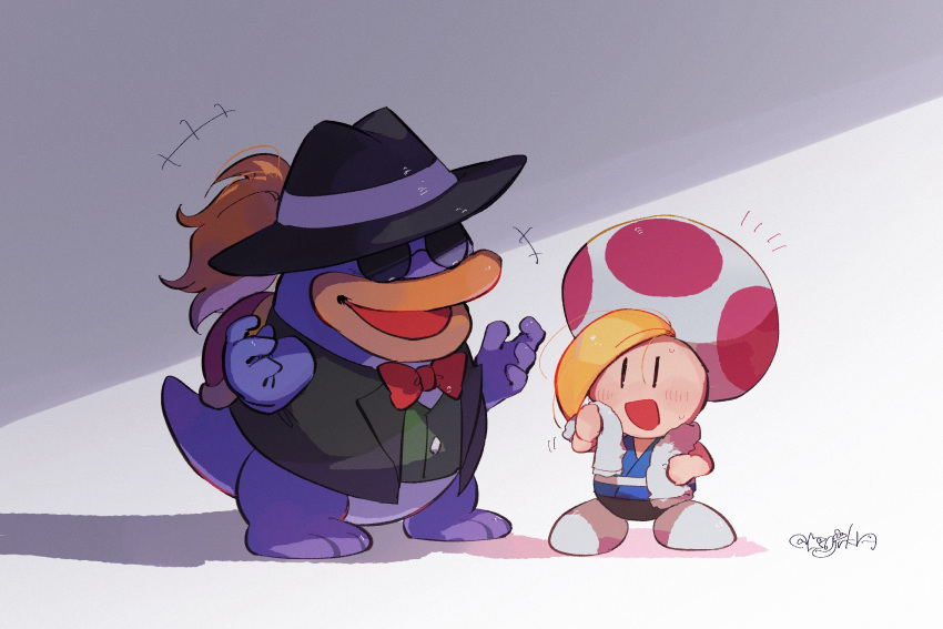 +++, 2boys, :d, artist_name, black_hat, black_jacket, blonde_hair, blue_shirt