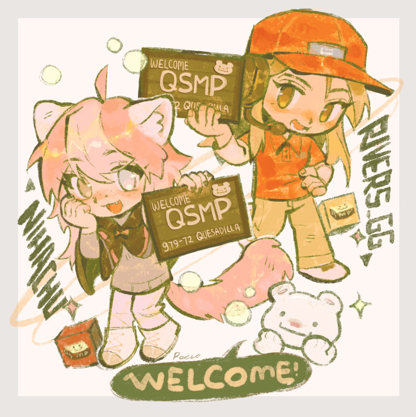 1other, 2girls, :d, absurdres, ahoge, animal_ears, bear_ears, blonde_hair