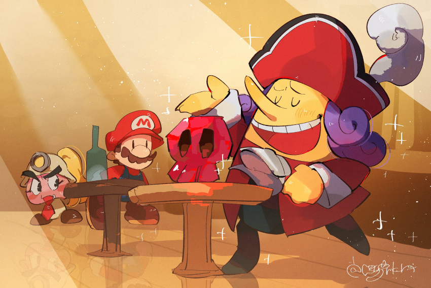 1girl, 2boys, :d, arm_up, artist_name, ascot, bicorne, black_eyes