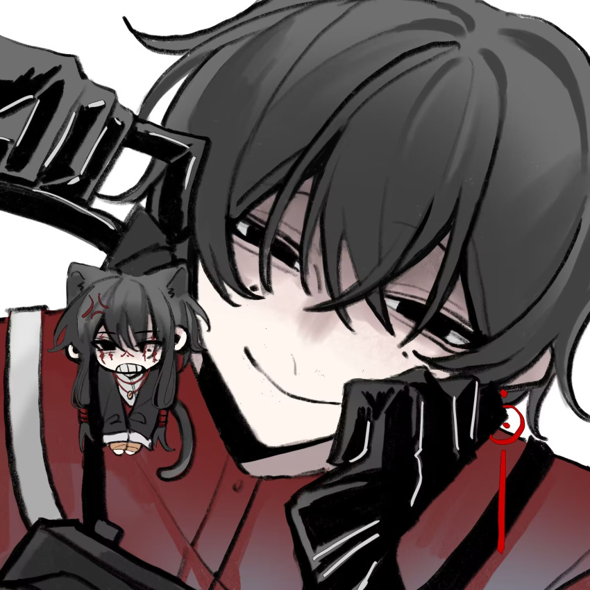 2boys, anger_vein, animal_ears, black_eyes, black_hair, black_jacket, cat_boy, cat_ears