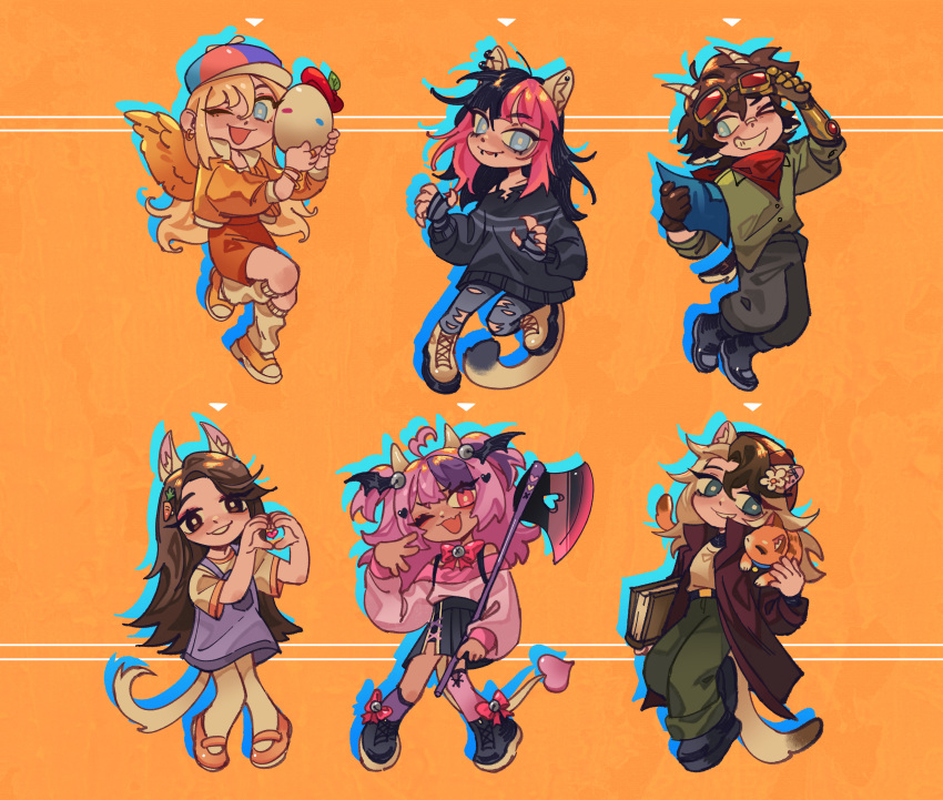 1boy, 5girls, absurdres, animal_ears, animal_on_shoulder, animate_object, axe, baghera_jones