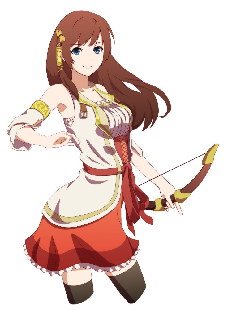 aya_(infinite_undiscovery), blue_eyes, bow_(weapon), brown_hair, infinite_undiscovery, long_hair, thigh-highs, thighhighs, weapon, yoshi_kita, zettai_ryouiki