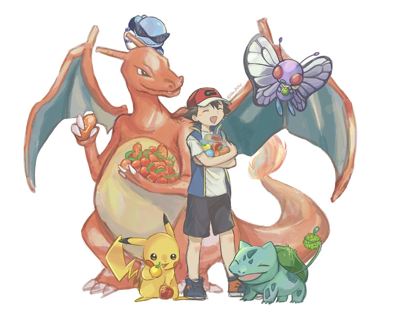 1boy, antennae, ash_ketchum, baseball_cap, berry_(pokemon), black_hair, brown_eyes, bulbasaur