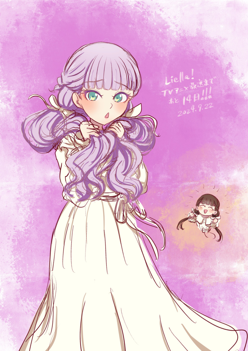 2girls, :<, absurdres, alt_text, blunt_bangs, blush, brown_hair, cosplay, countdown, dated, dress, feet_out_of_frame, hair_ribbon, half_up_braid, highres, holding, holding_own_hair, long_dress, long_sleeves, looking_at_viewer, love_live!, love_live!_superstar!!, low_twintails, multiple_girls, oikakeru_yume_no_saki_de, pink_background, ribbon, sakurakoji_kinako, sakurakoji_kinako_(cosplay), seiha_(hnumkt), solo_focus, translation_request, triangle_mouth, twintails, white_dress, white_ribbon, wien_margarete