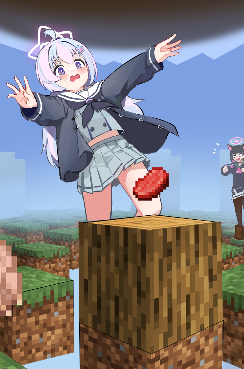 absurdres, ahoge, animal_ears, ayo_rimaisu, beef, bird, black_hair, block_(minecraft)