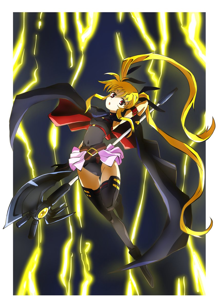 1girl, arm_belt, armored_gloves, armored_shoes, bardiche_(nanoha), blonde_hair, cape, fate_testarossa