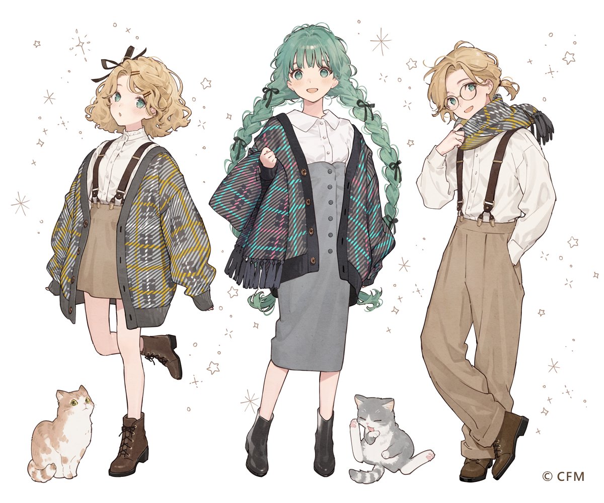1boy, 2girls, adjusting_clothes, adjusting_scarf, animal, ankle_boots, aqua_eyes, aqua_hair