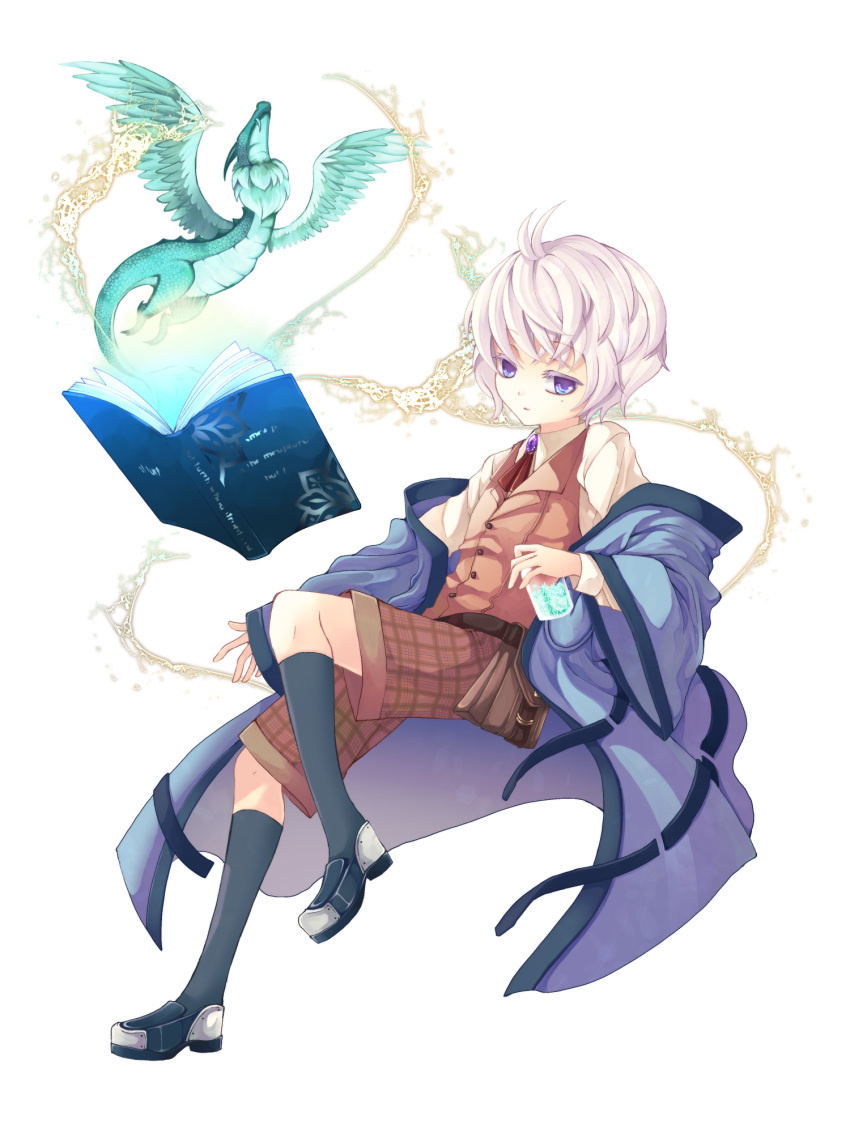 1boy, black_socks, bond._(tw), book, brown_shorts, brown_vest, dairoku_ryouhei, full_body, highres, jacket, lerche_alouette, open_book, short_hair, shorts, socks, solo, transparent_background, vest, violet_eyes, white_hair