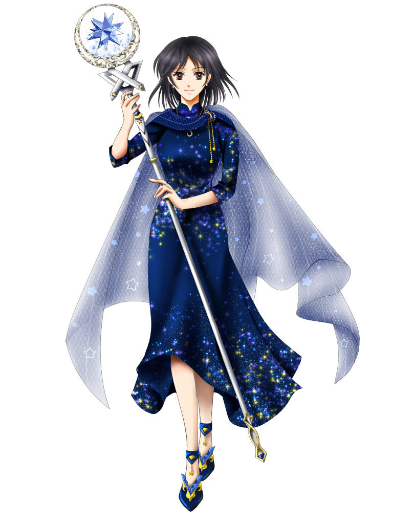 1girl, black_dress, black_hair, brown_eyes, cape, dairoku_ryouhei, dress, earrings, full_body, holding, holding_staff, jewelry, kazama_subaru, looking_at_viewer, renkijima, short_hair, solo, staff, standing, starry_sky_print, transparent_background