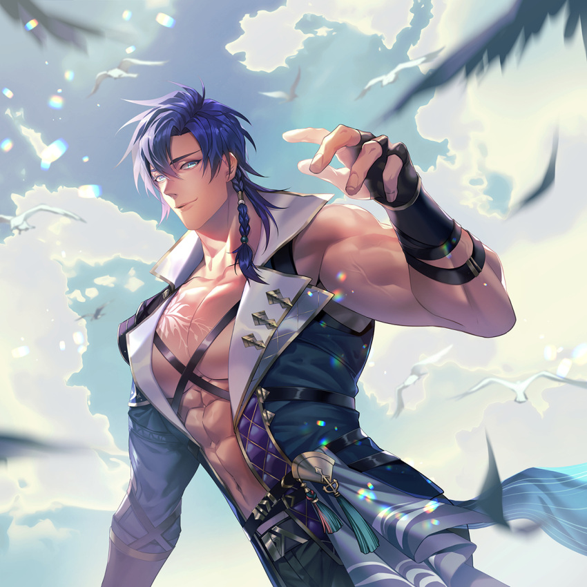 1boy, abs, aqua_eyes, belt, bird, black_belt, black_gloves, black_pants