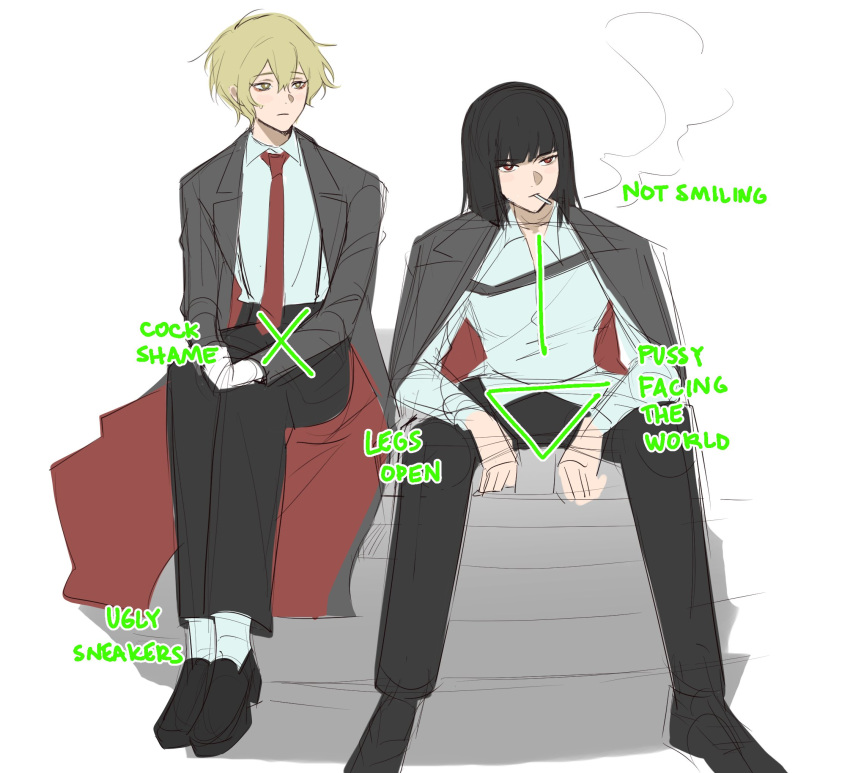 1boy, 1girl, 70miho, black_hair, black_suit, blonde_hair, cigarette, english_text