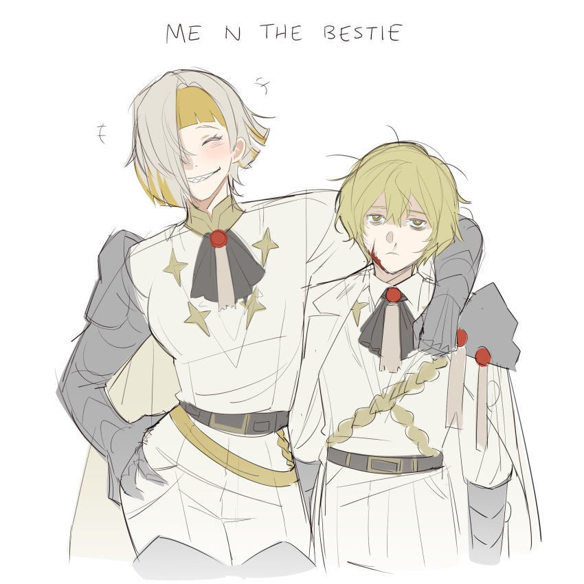 1boy, 1girl, 70miho, ascot, black_ascot, blonde_hair, blood, blood_on_face