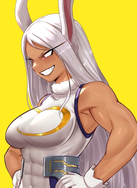 1girl, abs, animal_ears, bare_shoulders, boku_no_hero_academia, breasts, dark-skinned_female, dark_skin, gloves, large_breasts, leotard, long_hair, mirko, muscular, muscular_female, rabbit_ears, rabbit_girl, red_eyes, shibbunny, skin_tight, smile, solo, white_hair, white_leotard, yellow_background