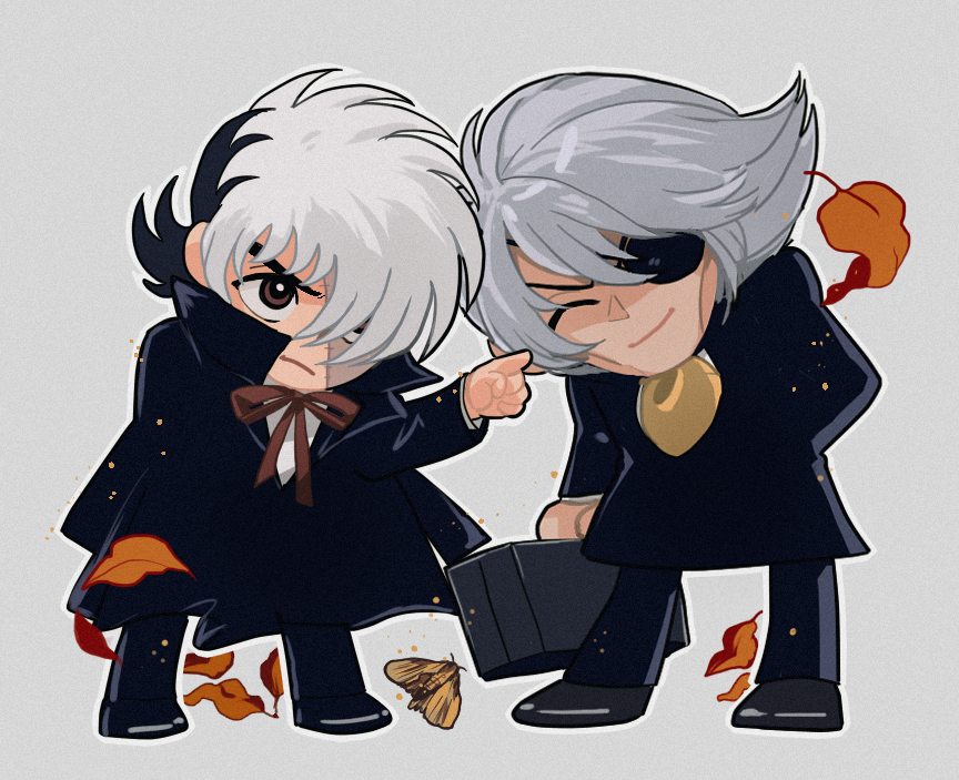 2boys, ^_^, ascot, black_coat, black_footwear, black_hair, black_jack_(character), black_jack_(series)