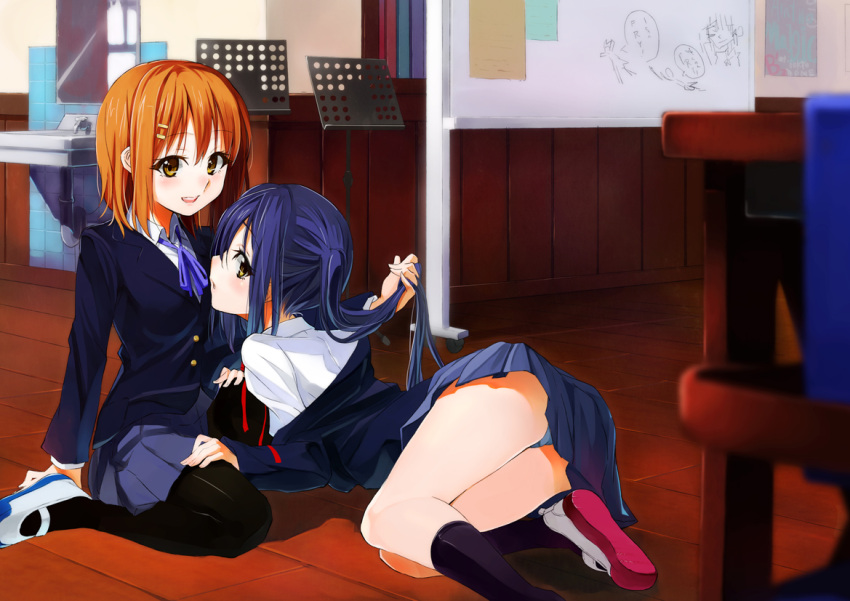 black_hair, blush, brown_eyes, brown_hair, gray_panties, hair_ornament, hair_tussle, hairclip, hamunohei, hirasawa_yui, k-on!, kneehighs, latex, looking_back, multiple_girls, nakano_azusa, panties, pantyhose, pantyshot, school_uniform, shoes, sitting, twintails, underwear, undressing, uwabaki, wariza, yellow_eyes, yuri