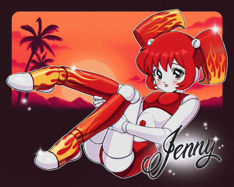 1girl, alternate_color, alternate_hair_color, animification, breasts, character_name, commentary, flame_print
