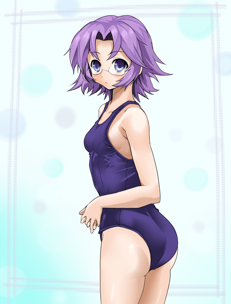 blush, glasses, k@non, latooni_subota, one-piece_swimsuit, purple_eyes, purple_hair, school_swimsuit