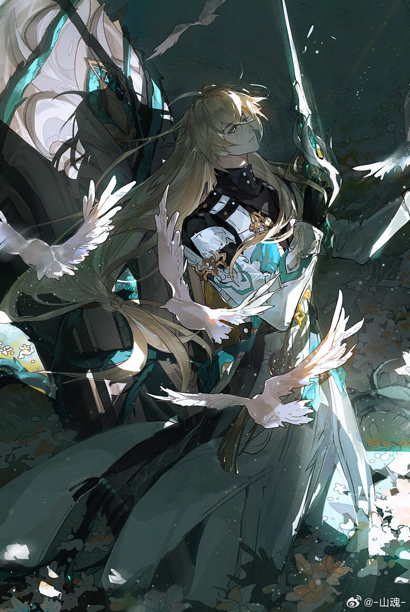 1boy, aqua_vest, bird, black_gloves, black_shirt, blonde_hair, closed_mouth, coat, coffin, dove, feet_out_of_frame, field, flower, flower_field, gloves, green_eyes, hair_between_eyes, hand_up, highres, holding, holding_sword, holding_weapon, honkai:_star_rail, honkai_(series), light_particles, long_hair, long_sleeves, looking_up, low-tied_long_hair, luocha_(honkai:_star_rail), male_focus, pants, shadow, shirt, solo, standing, sunlight, sword, sword_in_front_of_face, tassel, turtleneck, vest, weapon, weibo_logo, weibo_watermark, white_coat, white_flower, white_pants, yaopei, yishangui