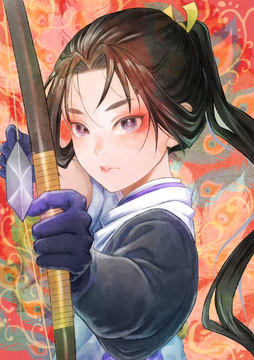 1boy, abstract_background, absurdres, aiming, aiming_at_viewer, archery_shooting_glove, arrow_(projectile), black_hair, blue_gloves, bow_(weapon), curtained_hair, dated, eyelashes, eyeshadow, feathers, gloves, highres, holding, holding_arrow, holding_bow_(weapon), holding_weapon, houjou_tokiyuki_(nige_jouzu_no_wakagimi), japanese_clothes, kariginu, kotorin_8888, long_hair, long_sleeves, looking_at_viewer, makeup, male_focus, motoyui, multicolored_background, nige_jouzu_no_wakagimi, parted_bangs, partially_fingerless_gloves, patterned_background, ponytail, pursed_lips, red_eyeshadow, sidelocks_tied_back, signature, sleeves_rolled_up, solo, upper_body, very_long_hair, violet_eyes, weapon