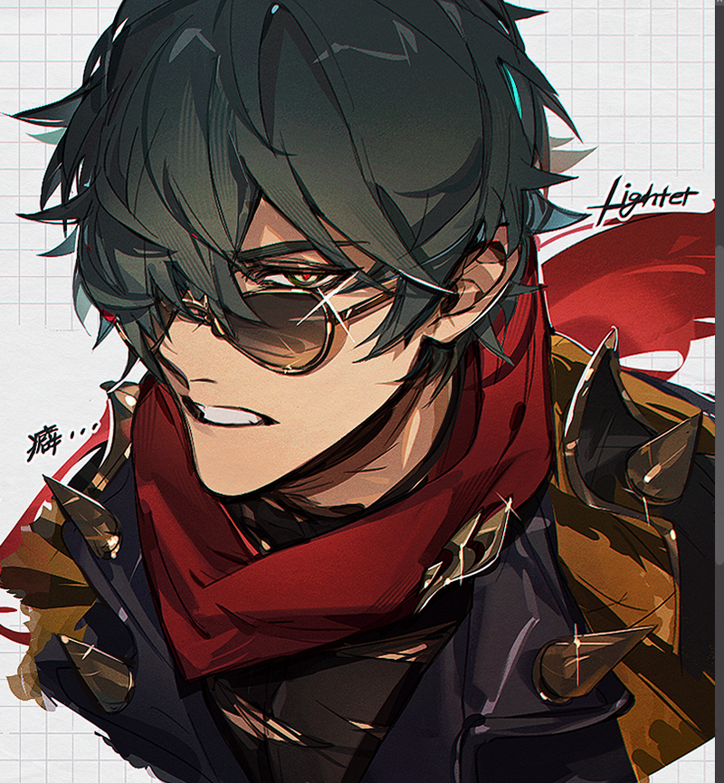 1boy, black_jacket, character_name, commentary, cropped_torso, english_commentary, green_hair, grid_background
