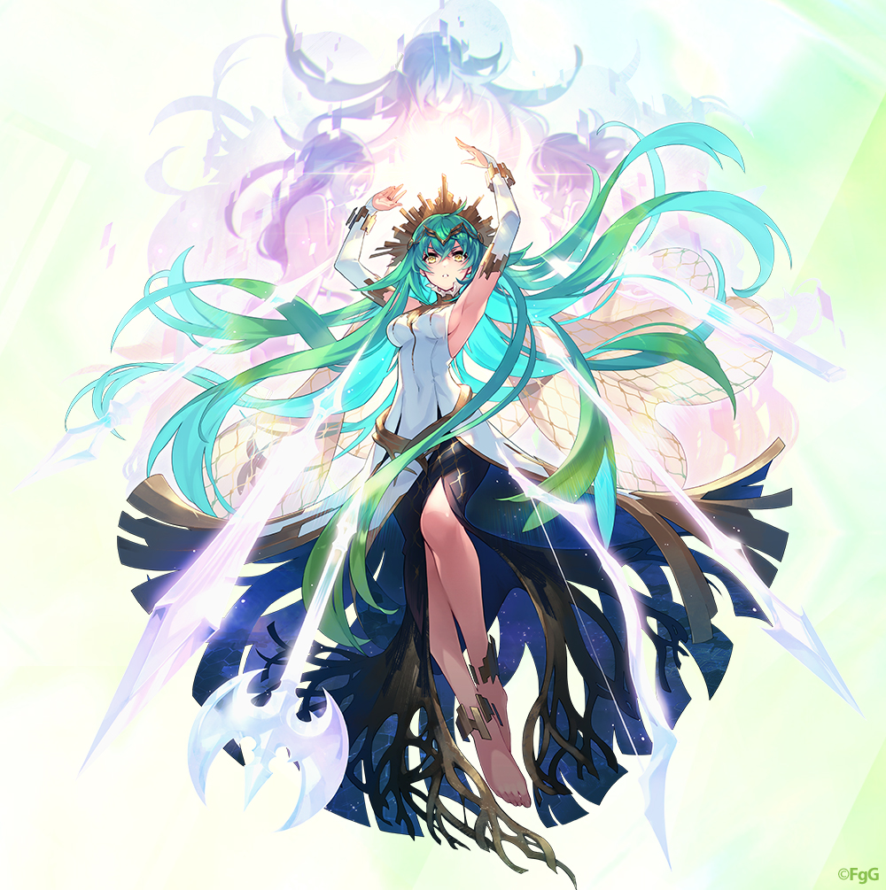 1girl, aqua_hair, arms_up, axe, ayappe_taicho, bare_shoulders, bow_(weapon), colored_inner_hair, commentary_request, crossed_bangs, dress, elbow_gloves, energy_sword, floating_hair, full_body, gloves, green_hair, hair_between_eyes, looking_at_viewer, multicolored_hair, no_socks, official_art, parted_lips, phantom_of_the_kill, polearm, second-party_source, see-through_clothes, solo, spear, sword, weapon, white_dress, white_gloves, yellow_eyes, yggdrasil_(phantom_of_the_kill)