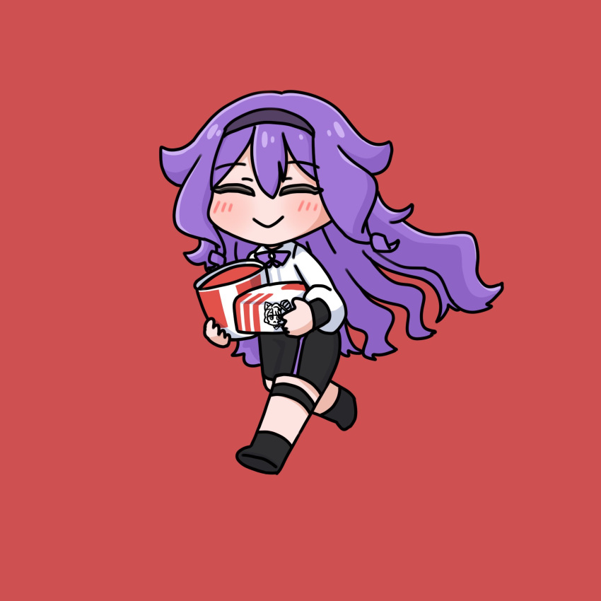 1girl, black_footwear, black_skirt, bow, bowtie, bucket_of_chicken, closed_eyes, closed_mouth