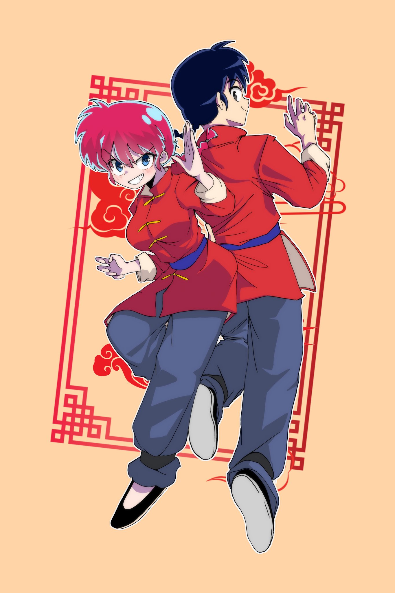 1boy, 1girl, 605_budlchi, belt, black_eyes, black_footwear, black_hair, blue_belt, blue_eyes, braid, braided_ponytail, chinese_knot_border, dual_persona, full_body, grey_pants, grin, highres, looking_at_viewer, pants, ranma-chan, ranma_1/2, red_shirt, redhead, saotome_ranma, shirt, shoe_soles, side_slit, smile, v-shaped_eyebrows, xiangyun