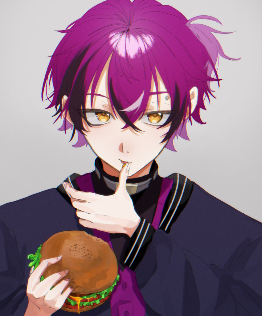 1boy, arm_up, belt, belt_collar, blue_jacket, burger, collar, commentary