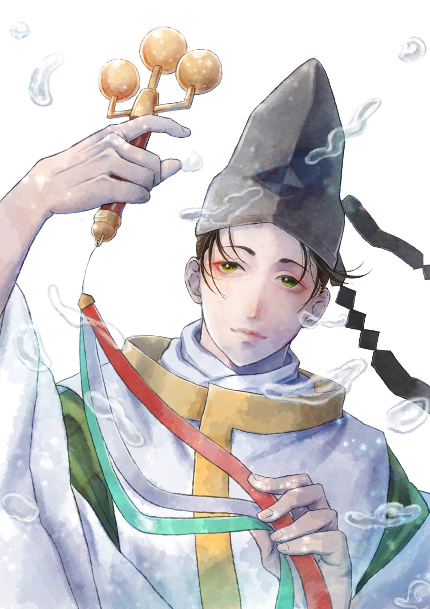 1boy, absurdres, arm_up, bell, black_hair, closed_mouth, eyeshadow, green_eyes, hand_up, hat, highres, japanese_clothes, jingle_bell, kagura_suzu, kannushi, kotorin_8888, long_sleeves, looking_at_viewer, magic, makeup, male_focus, nige_jouzu_no_wakagimi, parted_bangs, red_eyeshadow, shinto, simple_background, solo, suwa_yorishige_(nige_jouzu_no_wakagimi), tate_eboshi, variant_set, water, water_drop, white_background, wide_sleeves