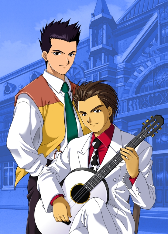 1990s_(style), abstract_background, black_hair, black_necktie, black_pants, blue_background, brown_hair, brown_vest