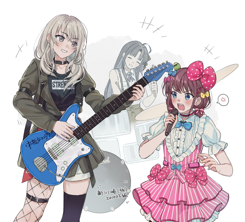 3girls, anger_vein, awa_subaru, black_choker, black_hair, black_nails, black_ribbon, black_shirt