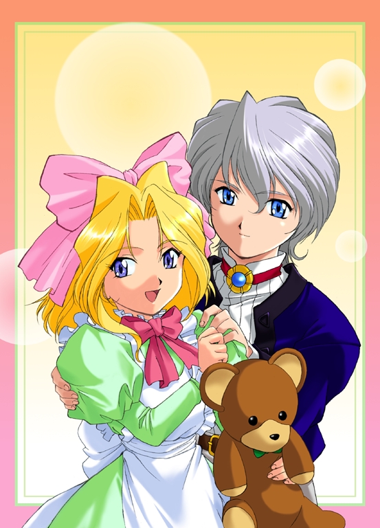 2girls, apron, aqua_eyes, back_bow, belt, belt_buckle, black_eyes, blonde_hair