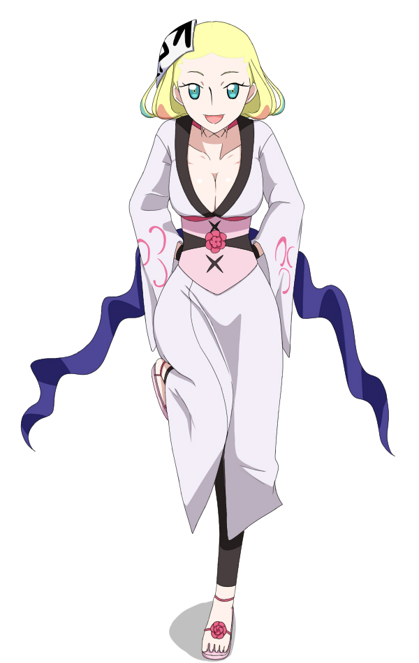 blonde_hair, breasts, cleavage, green_eyes, hiteihime_(katanagatari), japanese_clothes, katanagatari, kimono