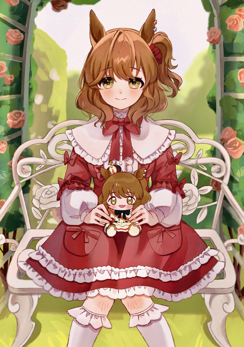 1girl, absurdres, alternate_costume, arch, aston_machan_(umamusume), blurry, brown_hair, character_doll, collar, depth_of_field, doll, dress, earrings, floral_arch, flower, frilled_collar, frilled_dress, frilled_socks, frills, hair_ornament, hair_scrunchie, highres, holding, holding_doll, jewelry, looking_at_viewer, neck_ribbon, nekono_chigu, outdoors, red_dress, red_ribbon, ribbon, rose, scrunchie, side_ponytail, sitting, smile, socks, solo, umamusume, yellow_eyes