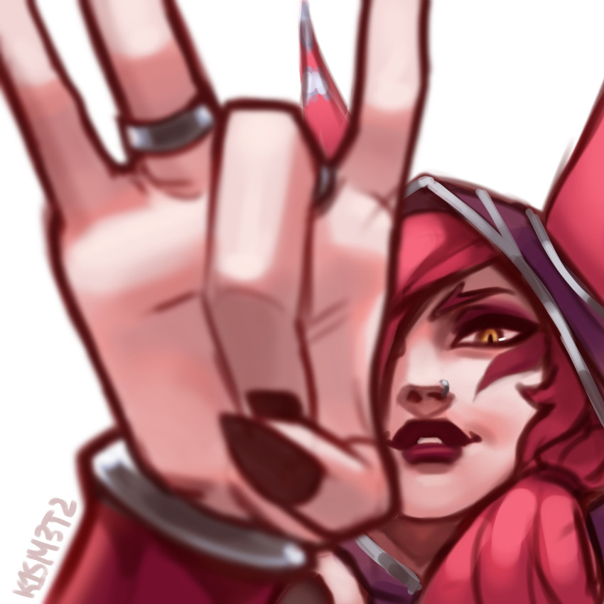 1girl, blurry, blurry_foreground, ears_through_hood, hair_over_shoulder, hand_up, highres, hood