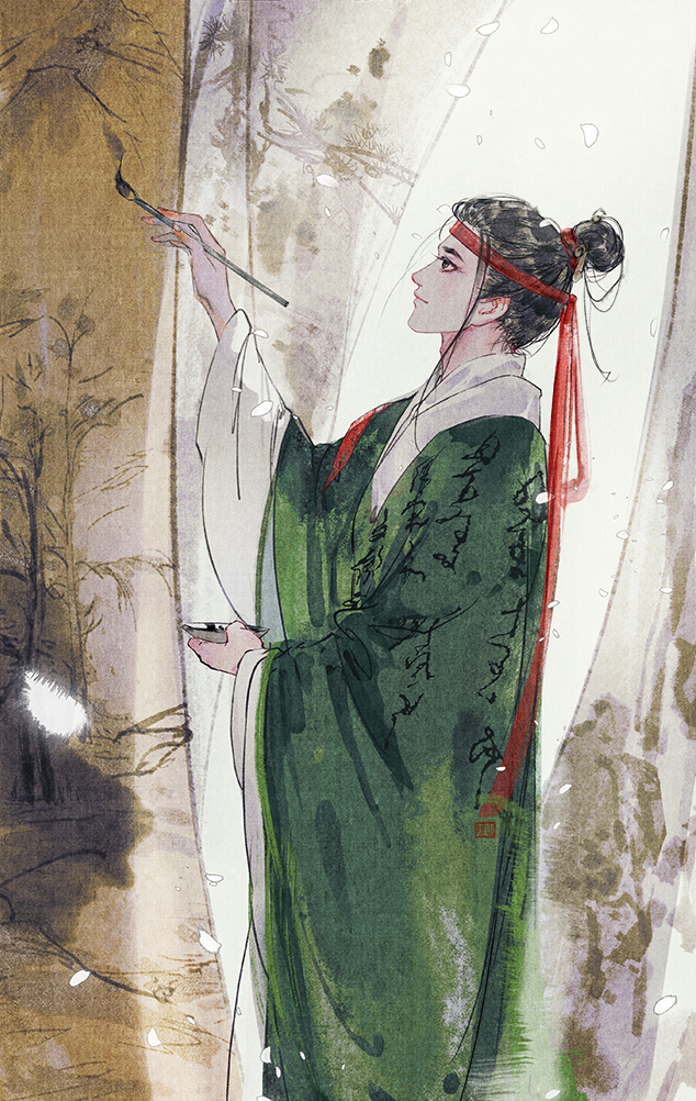 1boy, black_eyes, black_hair, chinese_clothes, cowboy_shot, falling_petals, from_side, green_robe, hair_bun, hair_pulled_back, hanfu, hanging_scroll, headband, holding, holding_paintbrush, ink, jiangnan_baijingtu, long_sleeves, looking_at_object, looking_up, male_focus, paintbrush, painting_(action), painting_(object), petals, profile, red_headband, red_ribbon, ribbon, robe, scroll, shen_zhou_(jiangnan_baijingtu), single_hair_bun, solo, standing, white_background, yishangui
