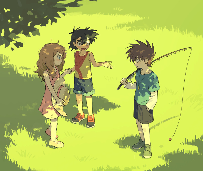1girl, 2boys, aged_down, ash_ketchum, black_hair, blonde_hair, blue_eyes, blush