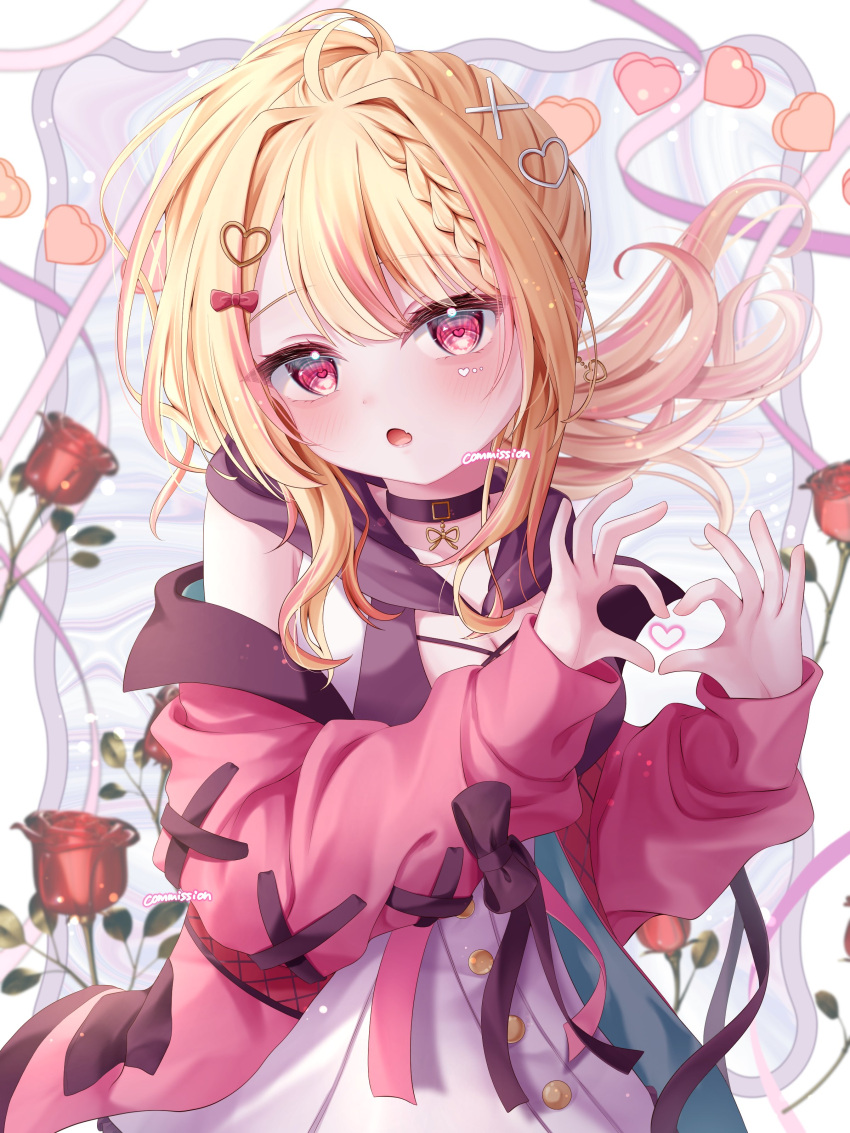 1girl, absurdres, blonde_hair, blush, braid, breasts, collarbone, commission