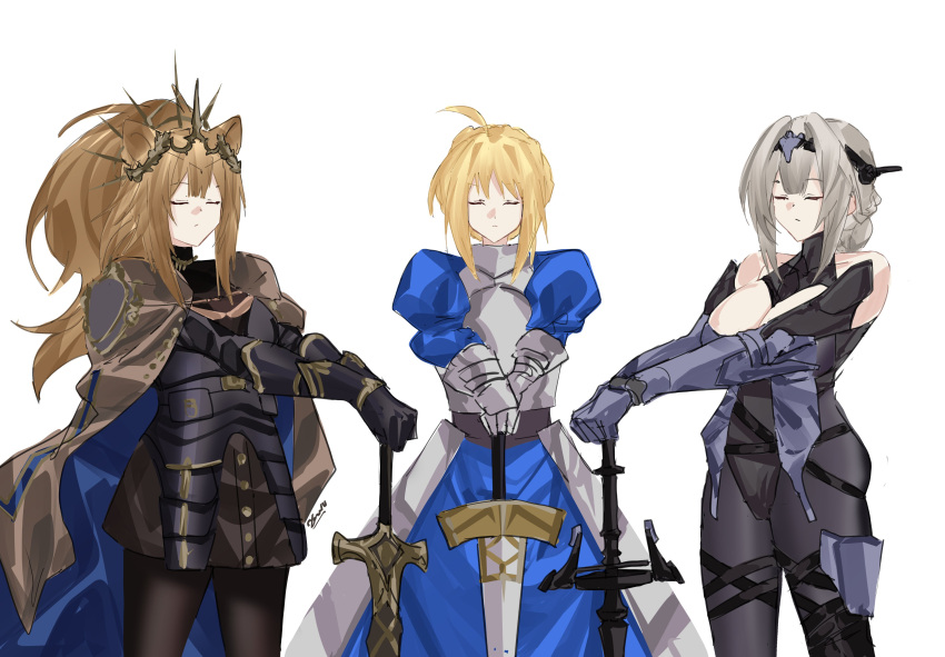 3girls, absurdres, ahoge, arknights, armor, artoria_pendragon_(fate), bianca:_stigmata_(pgr), bianca_(pgr)