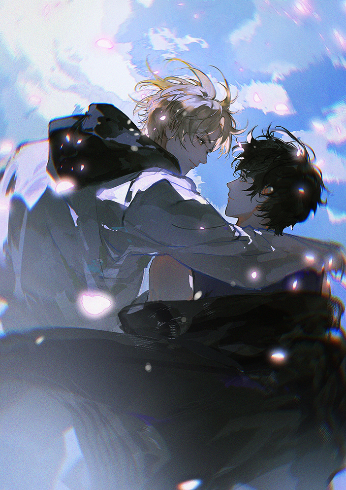 2boys, arm_around_shoulder, black_hair, black_jacket, blonde_hair, closed_mouth, clouds, commentary