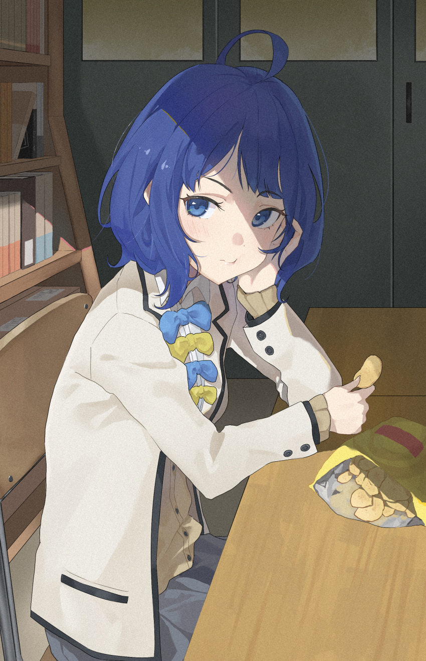 1girl, absurdres, ahoge, blue_bow, blue_bowtie, blue_eyes, blush, bow