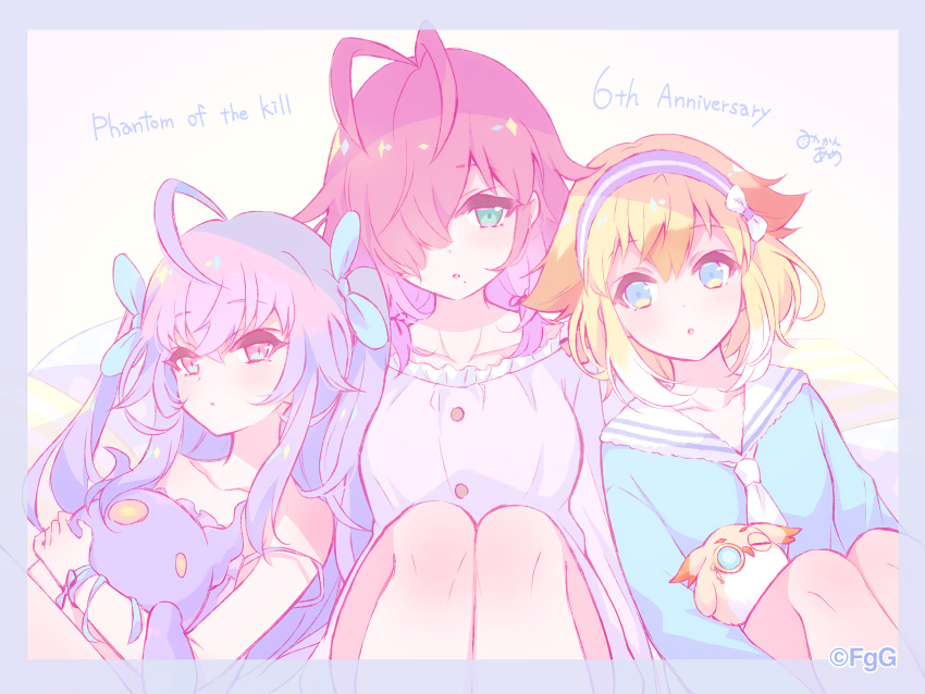 3girls, :o, absurdres, ahoge, animal_ears, aqua_eyes, bird, blonde_hair