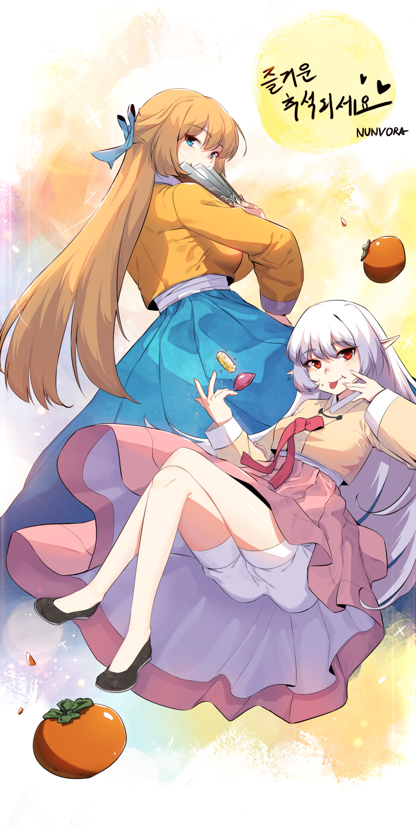 2girls, absurdres, alice_von_ataraxia, blonde_hair, blue_eyes, blue_ribbon, blue_skirt, bow