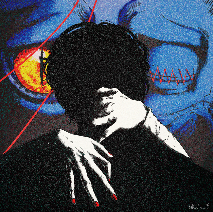 1girl, 2boys, daan_(fear_&amp;_hunger), fear_&amp;_hunger, fear_&amp;_hunger_2:_termina, highres, hug, kocho_15, limited_palette, multiple_boys, needles_(fear_&amp;_hunger), red_nails, silhouette, slit_pupils, stitched_eye, stitches_(fear_&amp;_hunger), twitter_username, upper_body, yellow_eyes